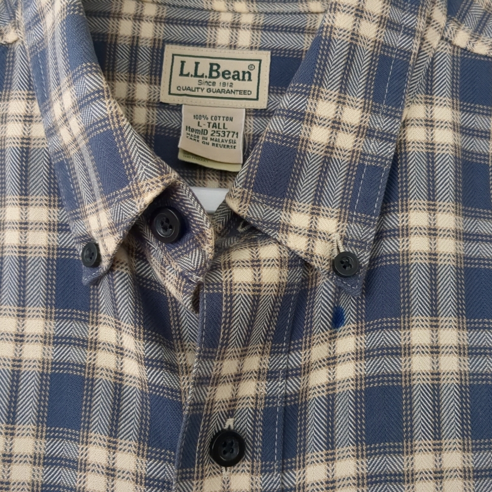 L.L. Bean Shirt Men’s Large Tall Blue Plaid Flannel Outdoors Camping